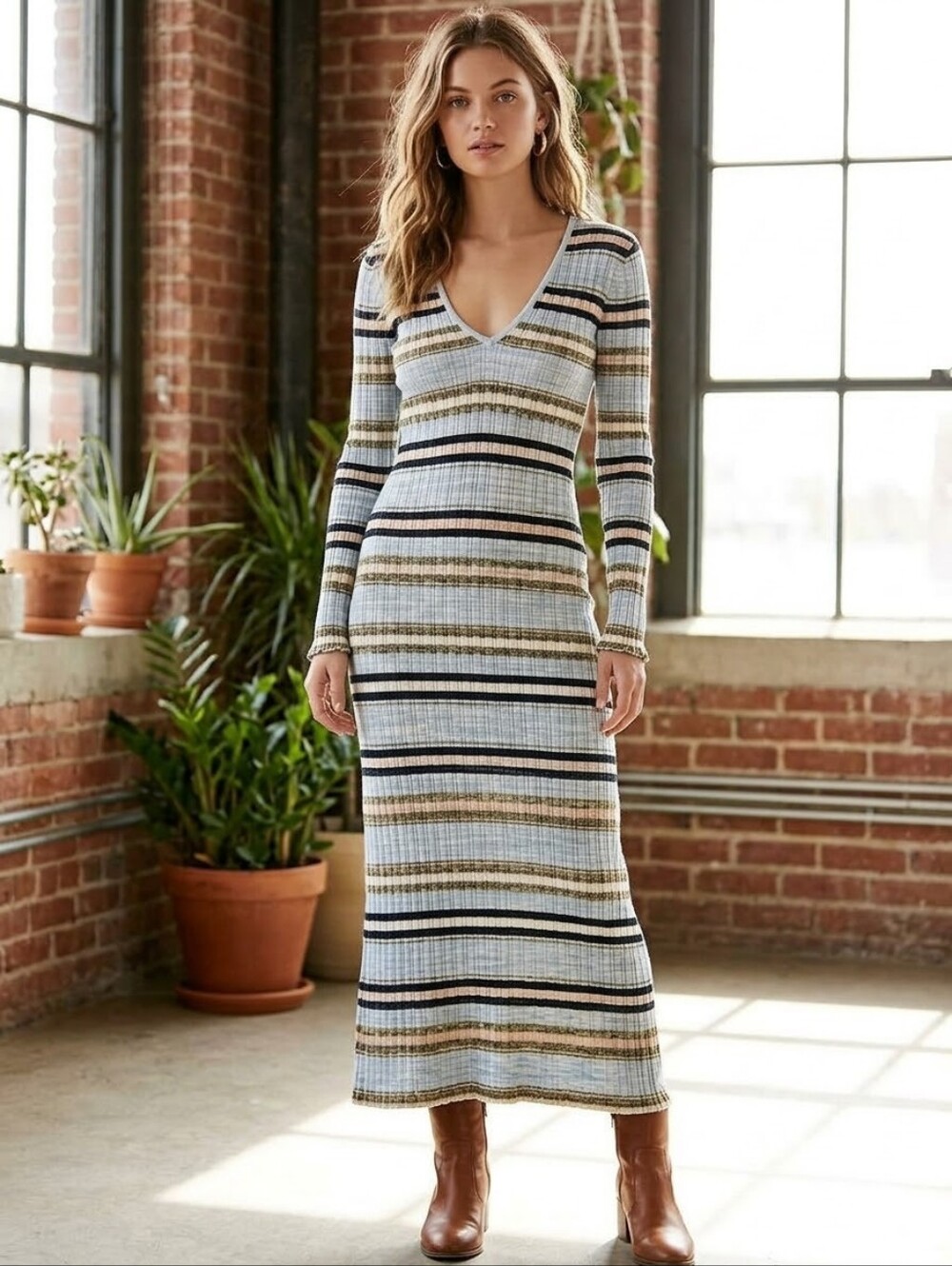 Free People Striped Ribbed Knit Maxi Dress Multicolor V-Neck Sweater Dress M